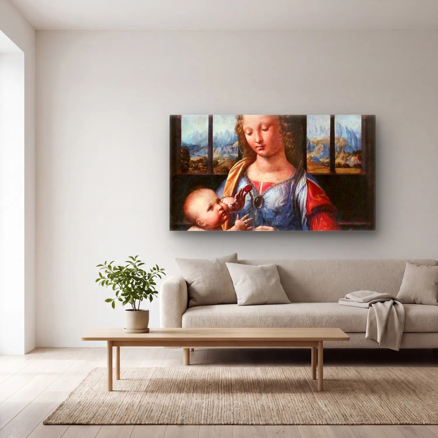 Leonardo da Vinci – Madonna of the Carnation cam tablo — açık renk salonda