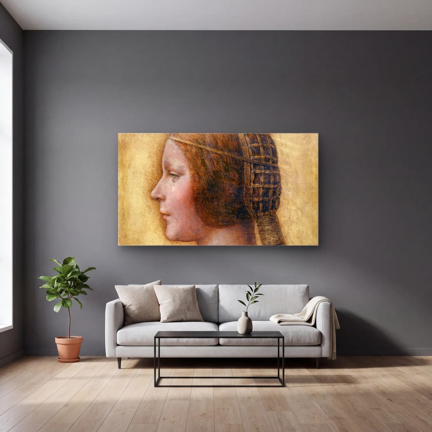 Leonardo da Vinci – Profile of a Young Fiancée cam tablo — gri duvarlı salonda