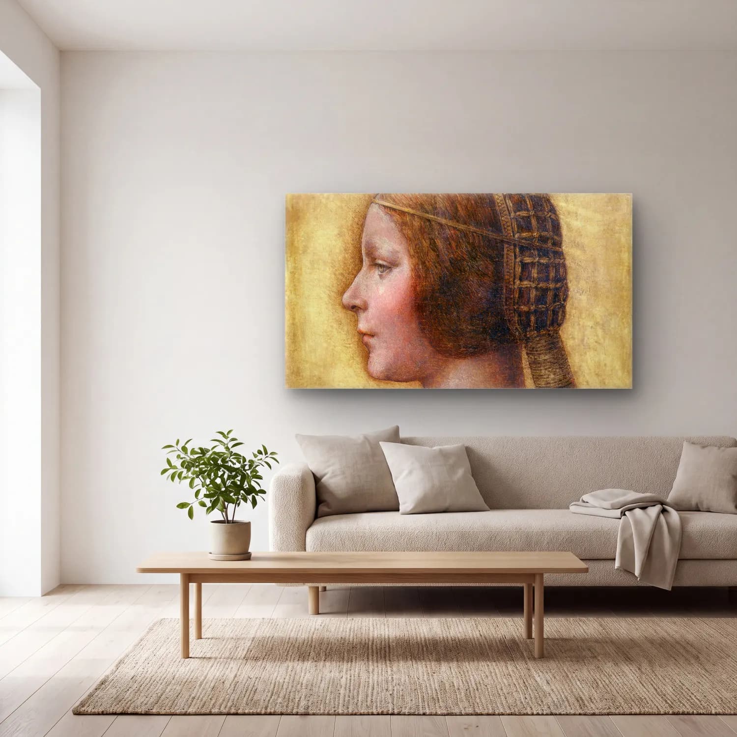 Leonardo da Vinci – Profile of a Young Fiancée cam tablo — açık renk salonda