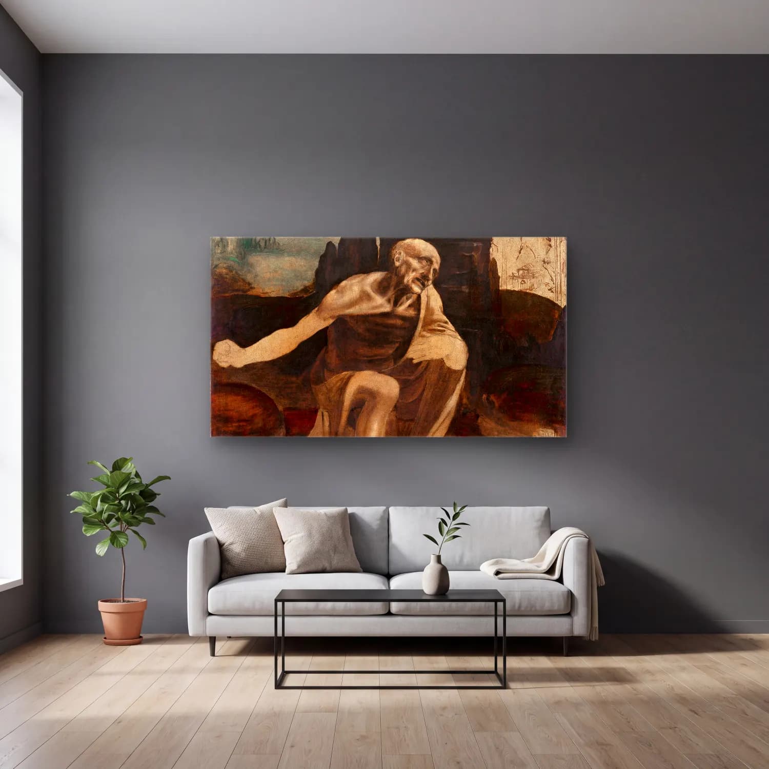 Leonardo da Vinci – Saint Jerome in the Wilderness cam tablo — gri duvarlı salonda