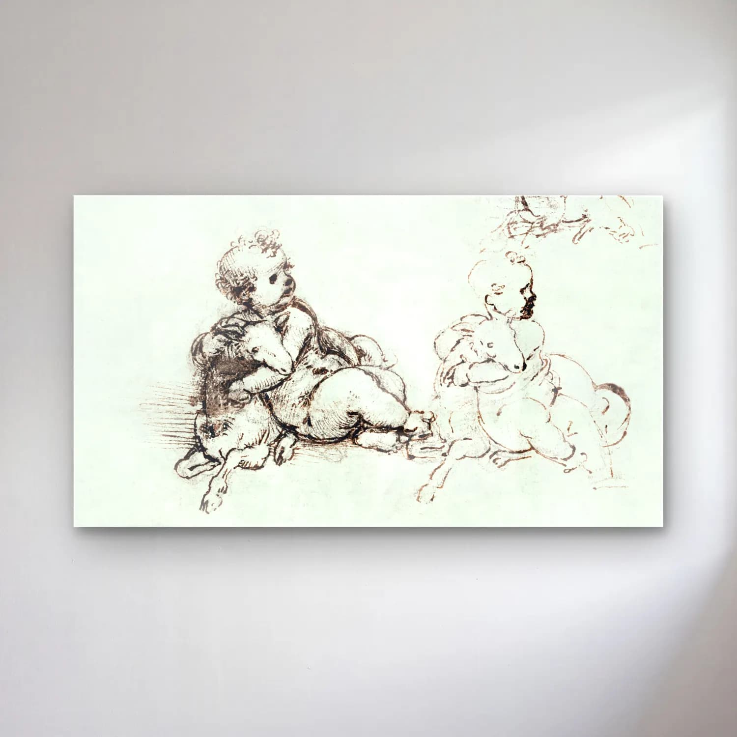 Leonardo da Vinci – Studies for the Christ Child with a Lamb cam tablo — Leonardo da Vinci – Studies for the Christ Child with a Lamb — vintage koyun