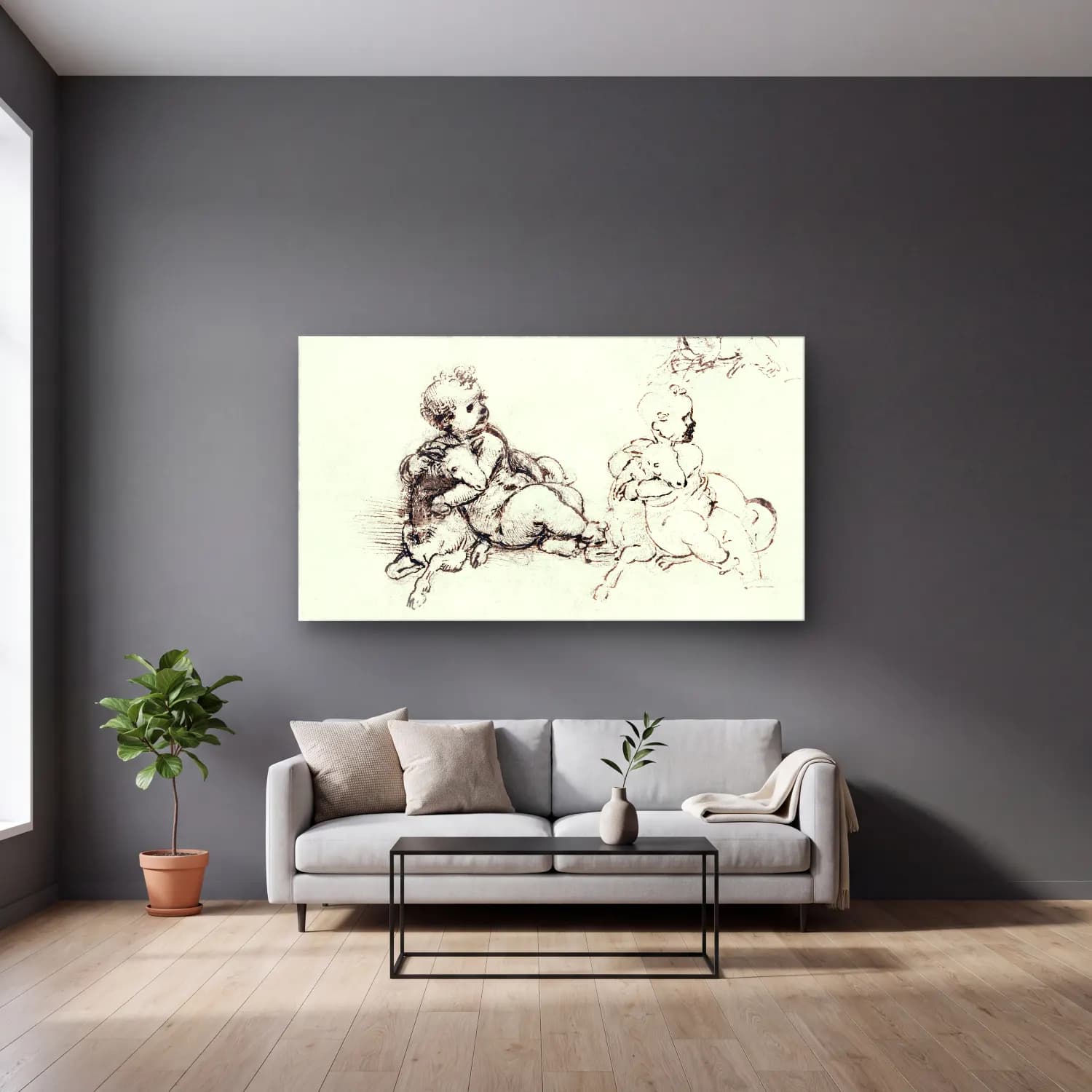 Leonardo da Vinci – Studies for the Christ Child with a Lamb cam tablo — gri duvarlı salonda