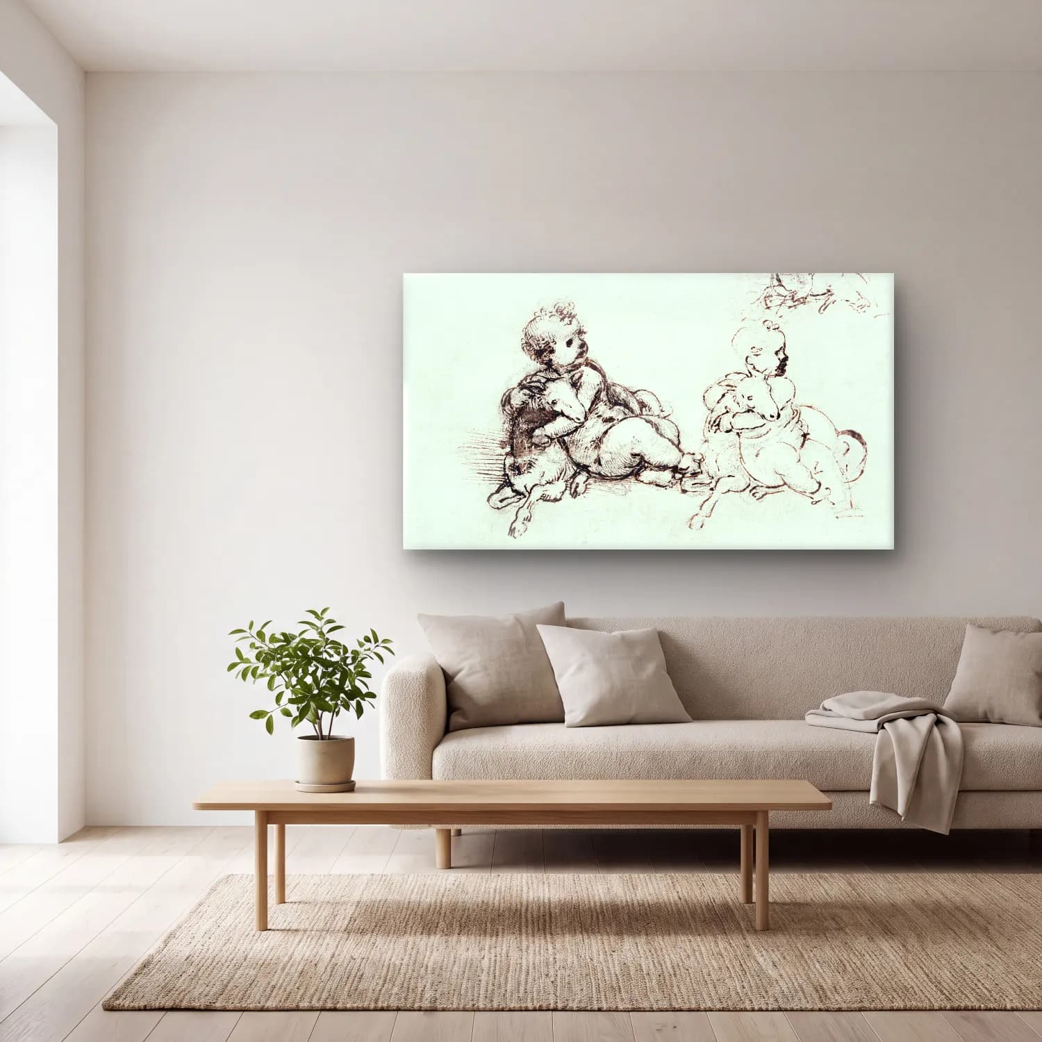 Leonardo da Vinci – Studies for the Christ Child with a Lamb cam tablo — açık renk salonda