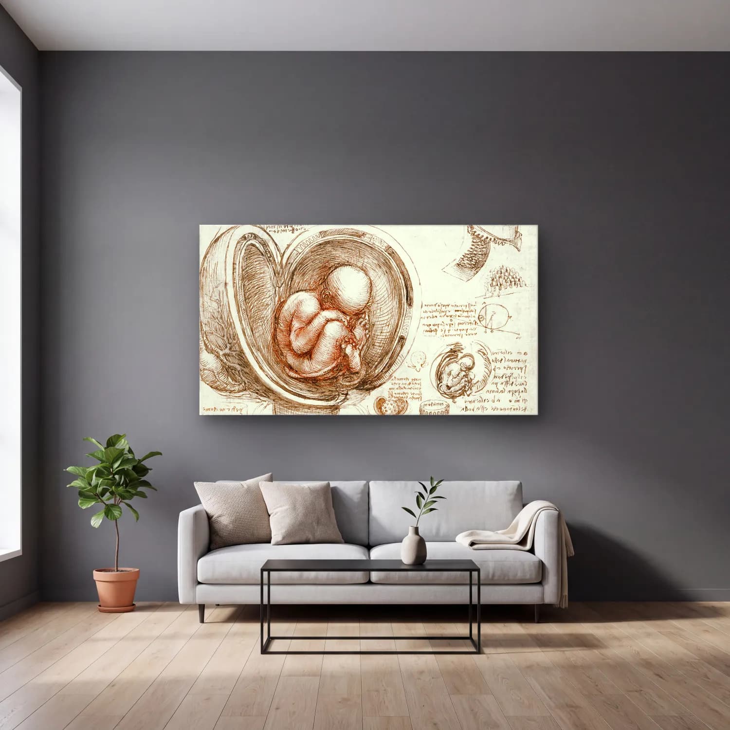 Leonardo da Vinci – Studies of the Fetus in the Womb cam tablo — gri duvarlı salonda