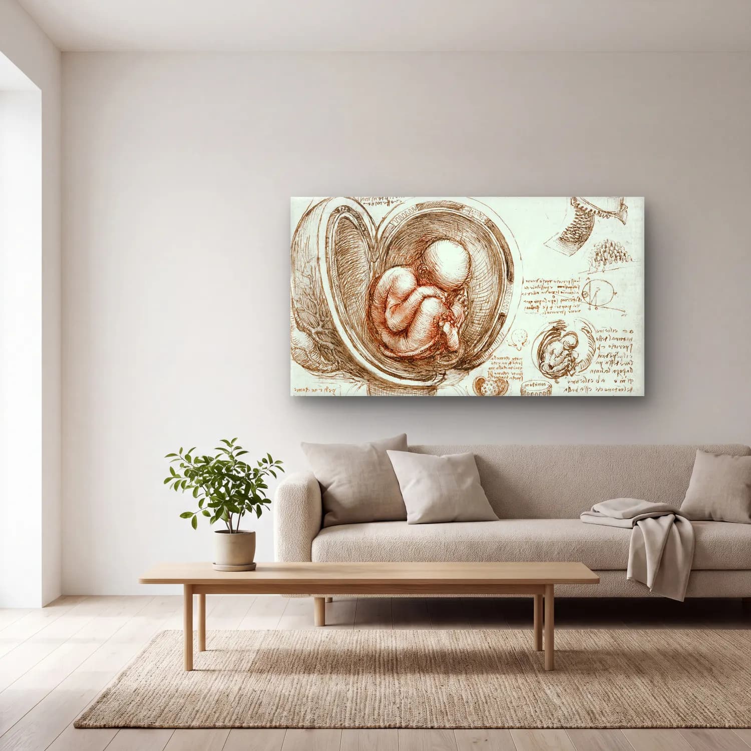 Leonardo da Vinci – Studies of the Fetus in the Womb cam tablo — açık renk salonda