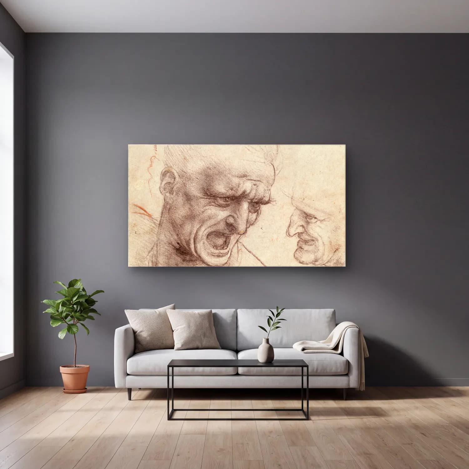 Leonardo da Vinci – The Battle of Anghiari cam tablo — gri duvarlı salonda