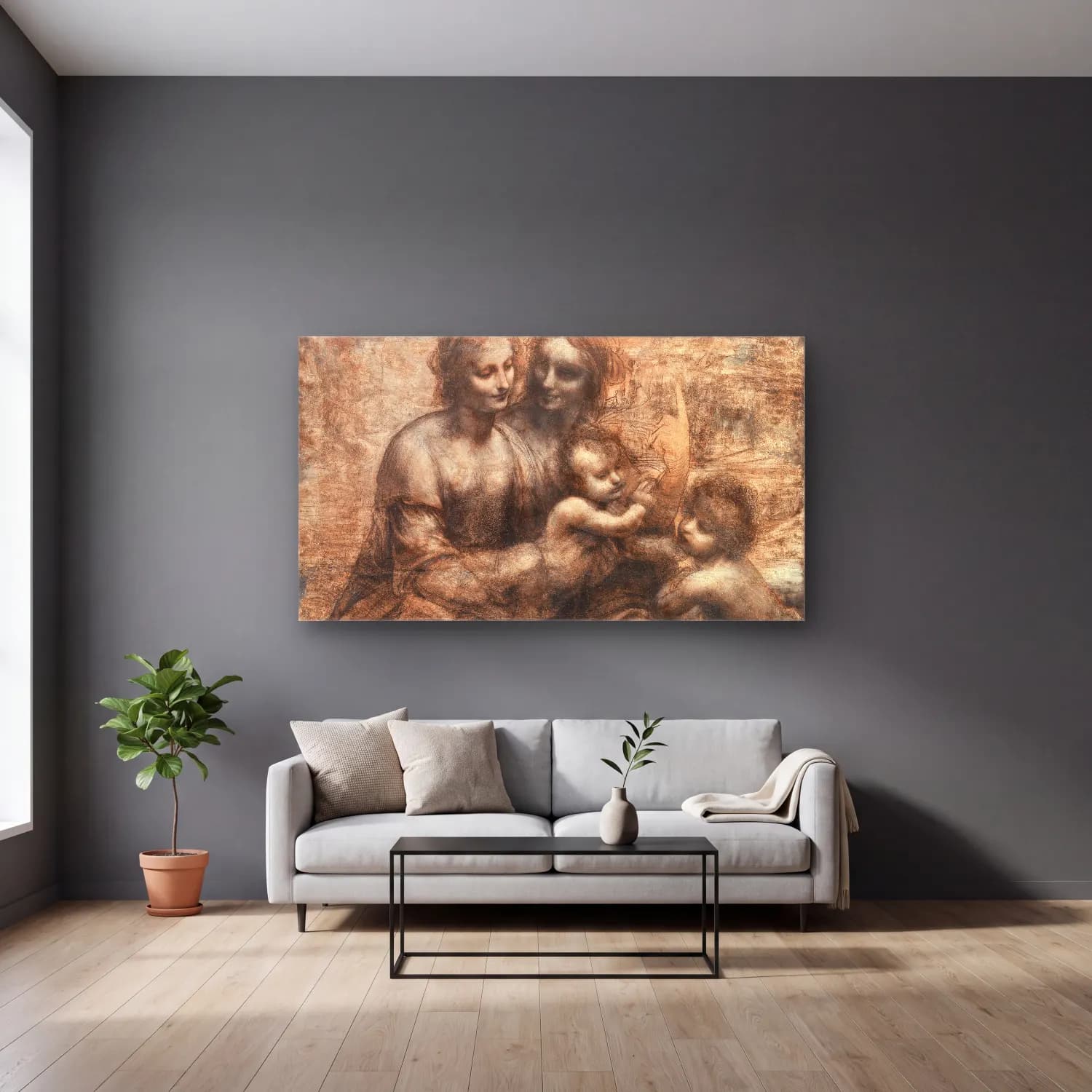 Leonardo da Vinci – The Leonardo Cartoon cam tablo — gri duvarlı salonda