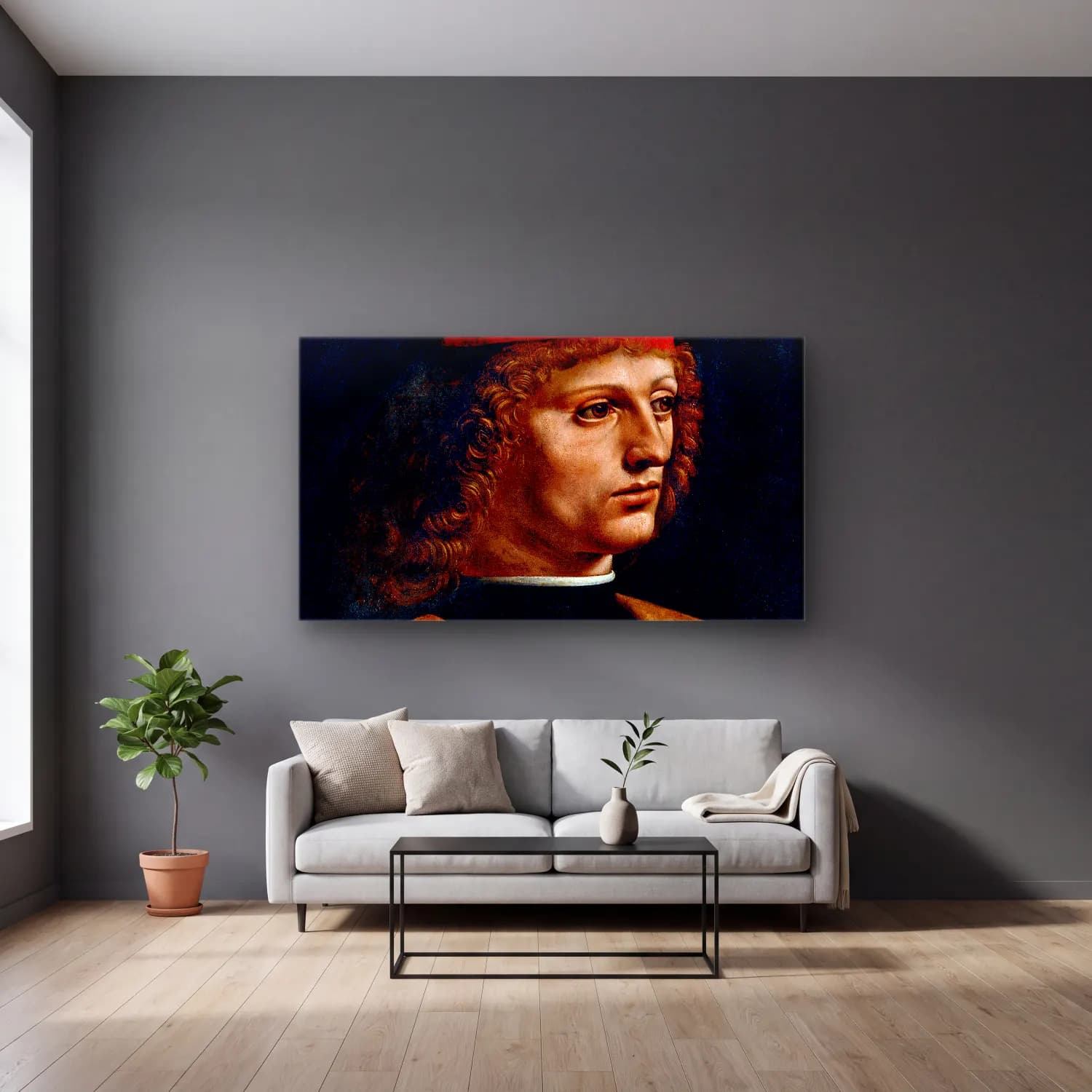 Leonardo da Vinci – The Portrait of a Musician cam tablo — gri duvarlı salonda