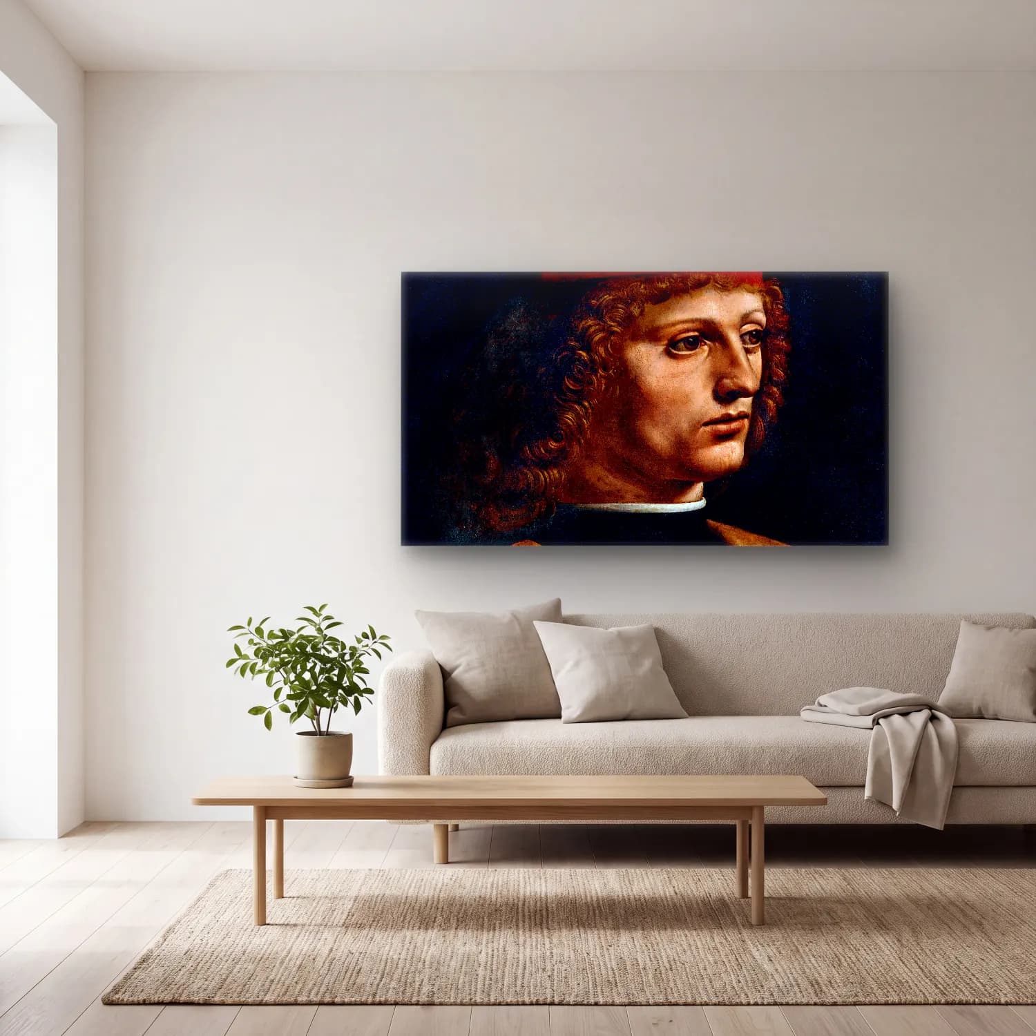 Leonardo da Vinci – The Portrait of a Musician cam tablo — açık renk salonda