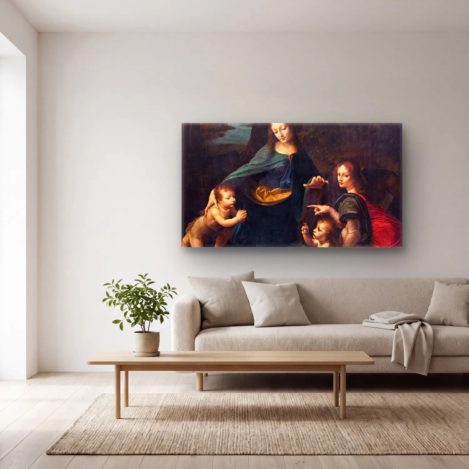 Leonardo da Vinci – The Virgin of the Rocks cam tablo — açık renk salonda
