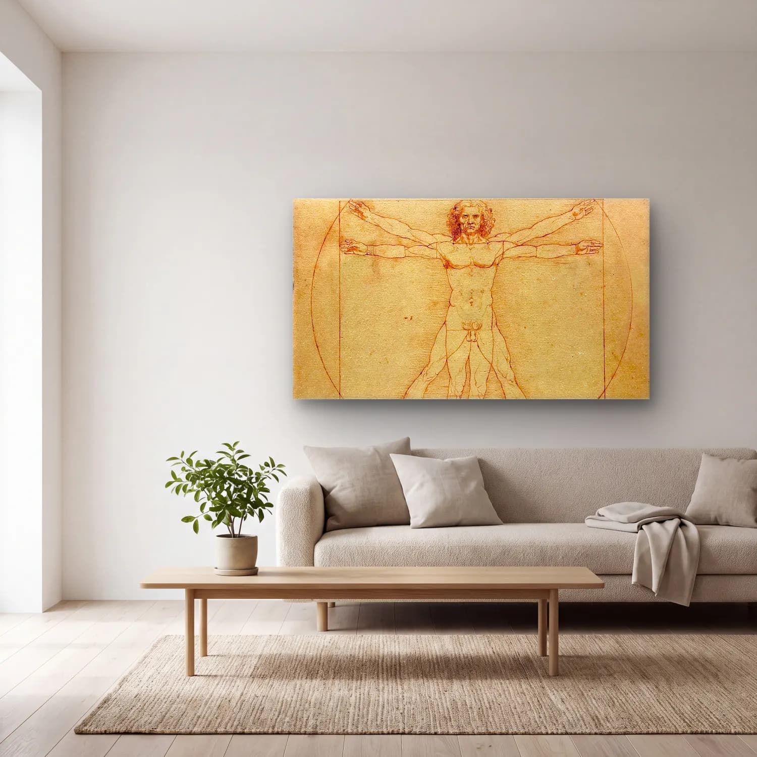 Leonardo da Vinci – Vitruvian Man cam tablo — açık renk salonda
