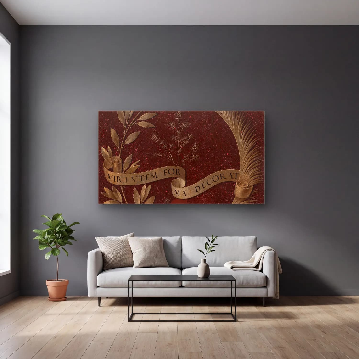 Leonardo da Vinci – Wreath of Laurel, Palm, and Juniper with a Scroll inscribed… cam tablo — gri duvarlı salonda