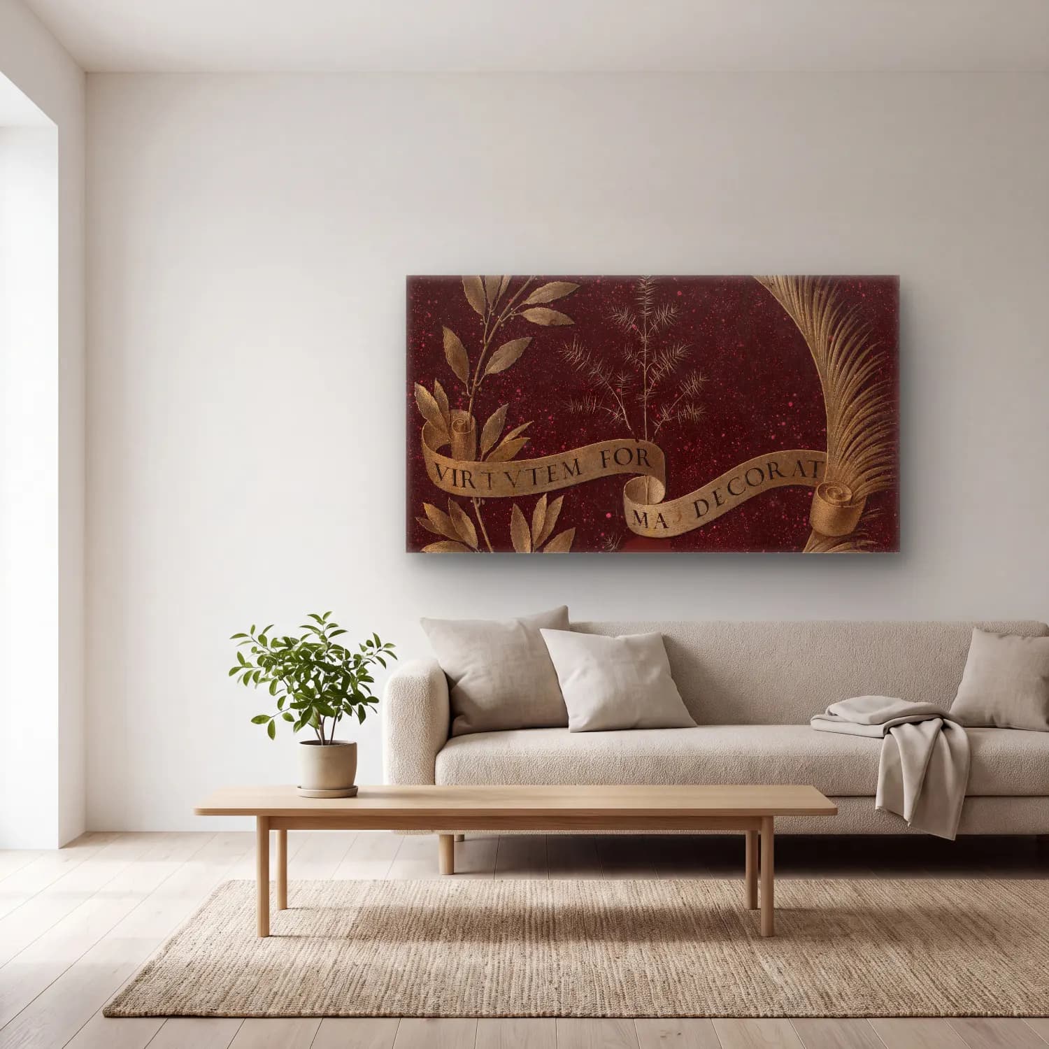 Leonardo da Vinci – Wreath of Laurel, Palm, and Juniper with a Scroll inscribed… cam tablo — açık renk salonda