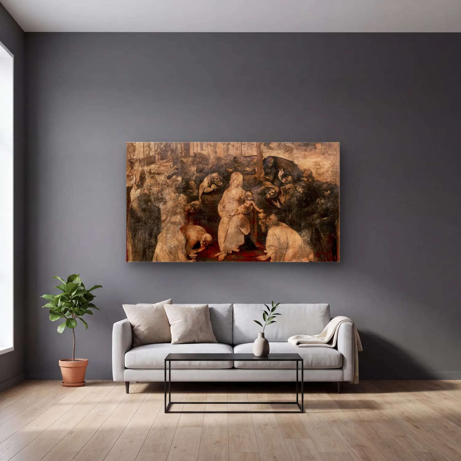 Leonardo da Vinci – doration of the Magi (ca. 1480–1482) cam tablo — gri duvarlı salonda