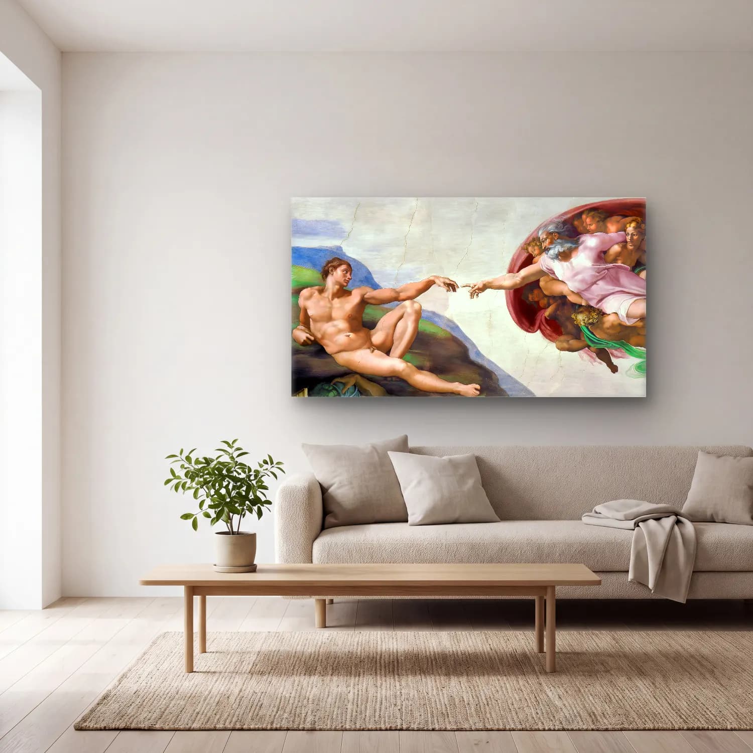 Michelangelo Buonarroti – The Creation of Adam cam tablo — açık renk salonda