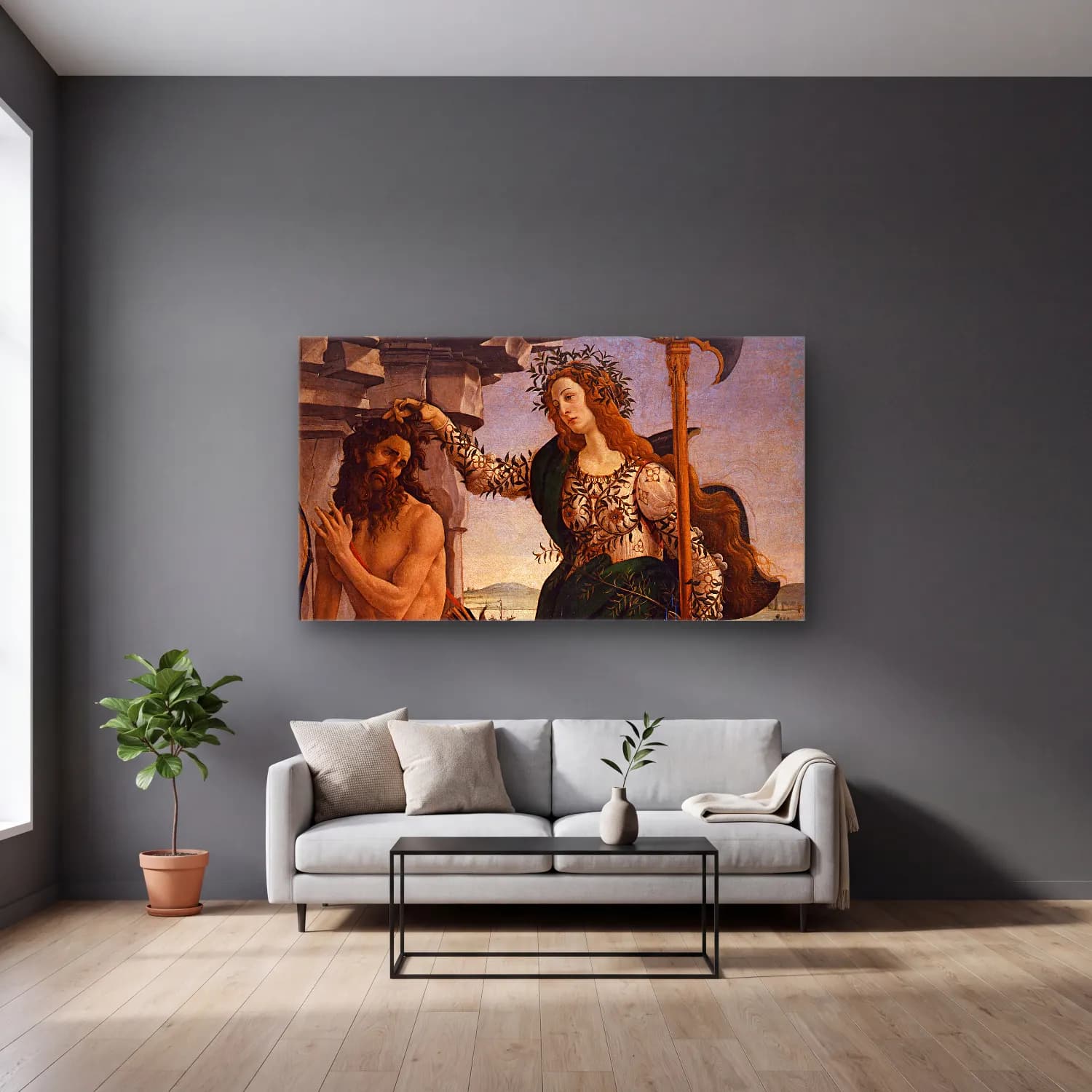 Sandro Botticelli – Pallas and the Centaur cam tablo — gri duvarlı salonda