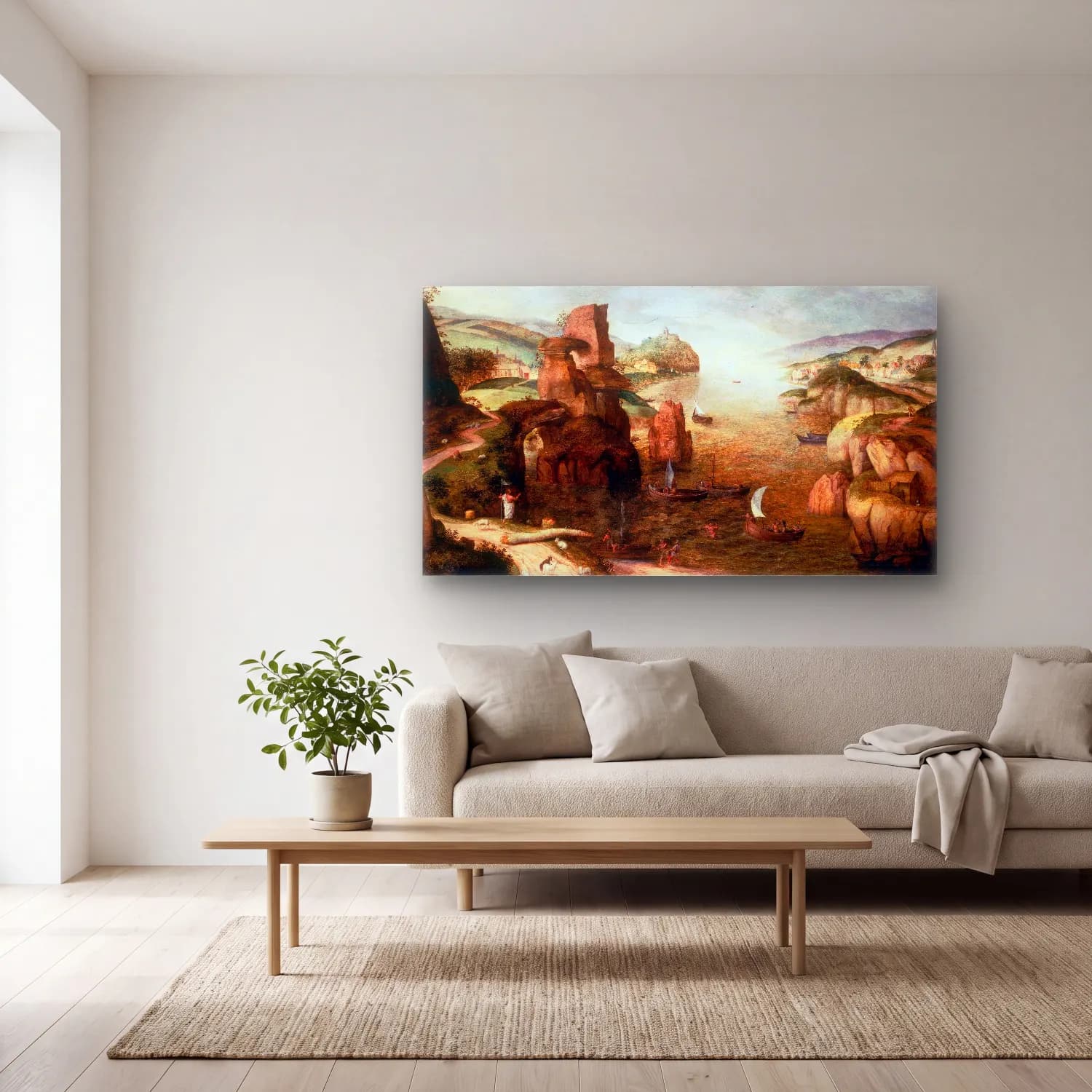 Pieter Bruegel – Christ and Apostles at the Sea of Galilee cam tablo — açık renk salonda