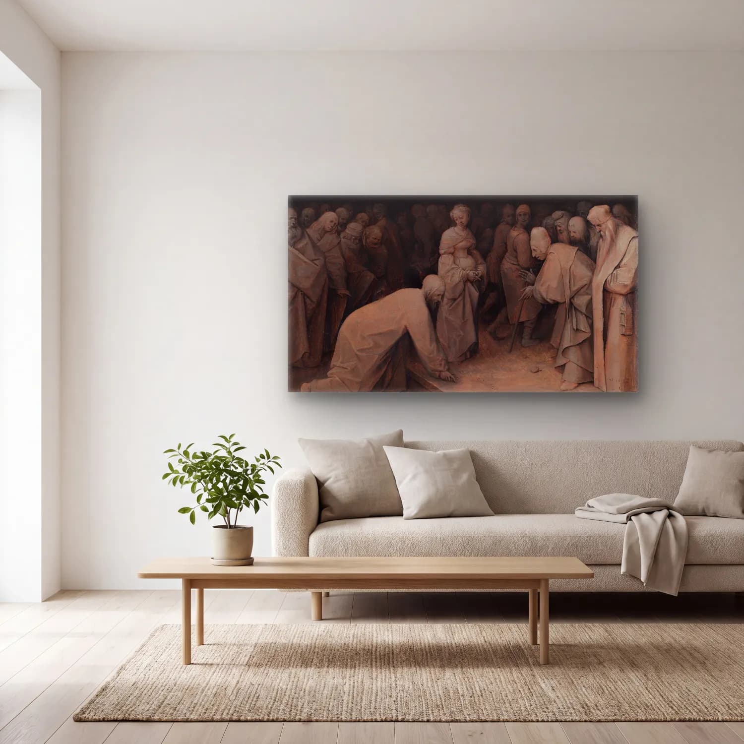 Pieter Bruegel – Christ and the Woman Taken in Adultery cam tablo — açık renk salonda