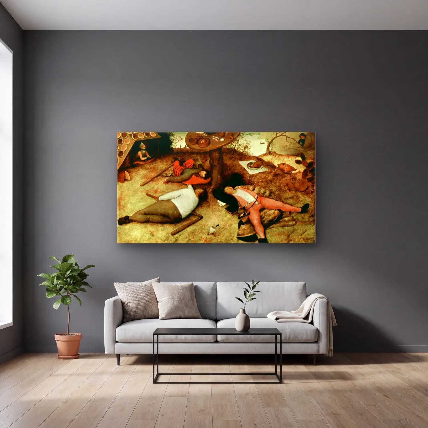 Pieter Bruegel – Land of Cockaigne cam tablo — gri duvarlı salonda