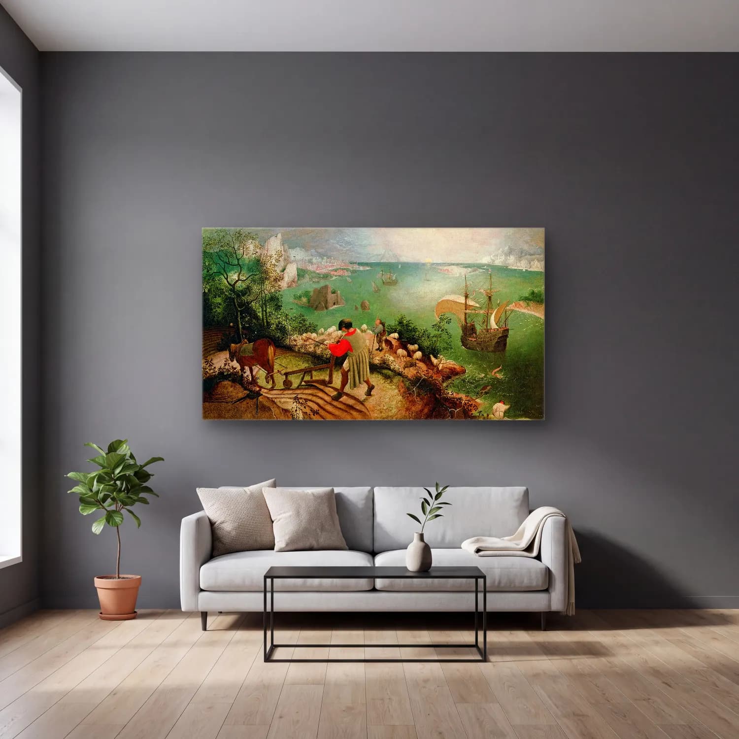 Pieter Bruegel – Landscape with the Fall of Icarus cam tablo — gri duvarlı salonda