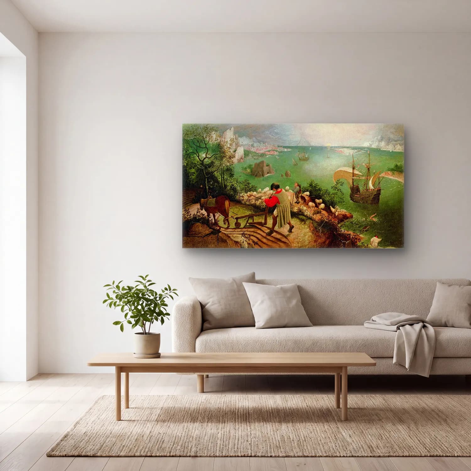 Pieter Bruegel – Landscape with the Fall of Icarus cam tablo — açık renk salonda