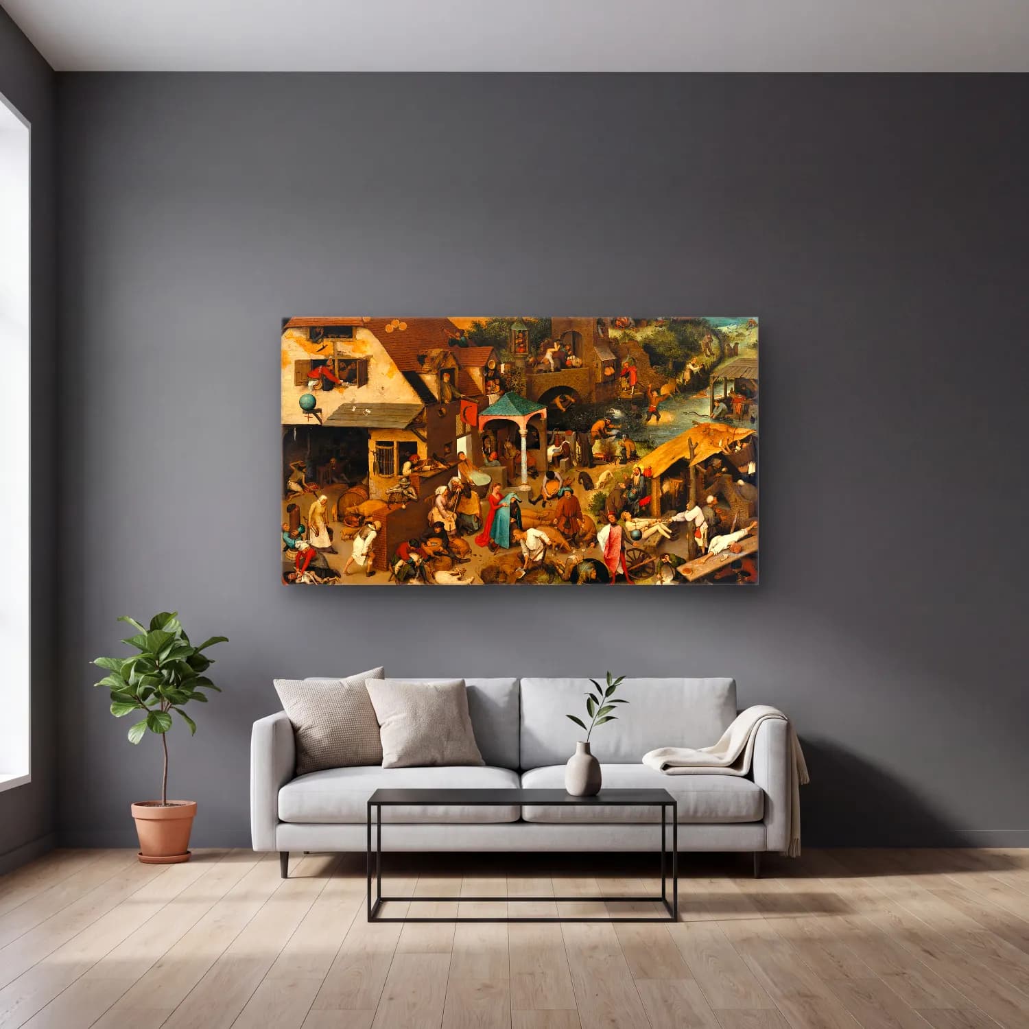 Pieter Bruegel – Netherlandish Proverbs cam tablo — gri duvarlı salonda