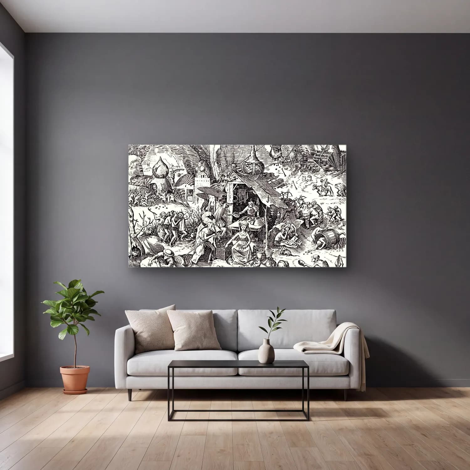 Pieter Bruegel – Seven deadly sins - Greed cam tablo — gri duvarlı salonda