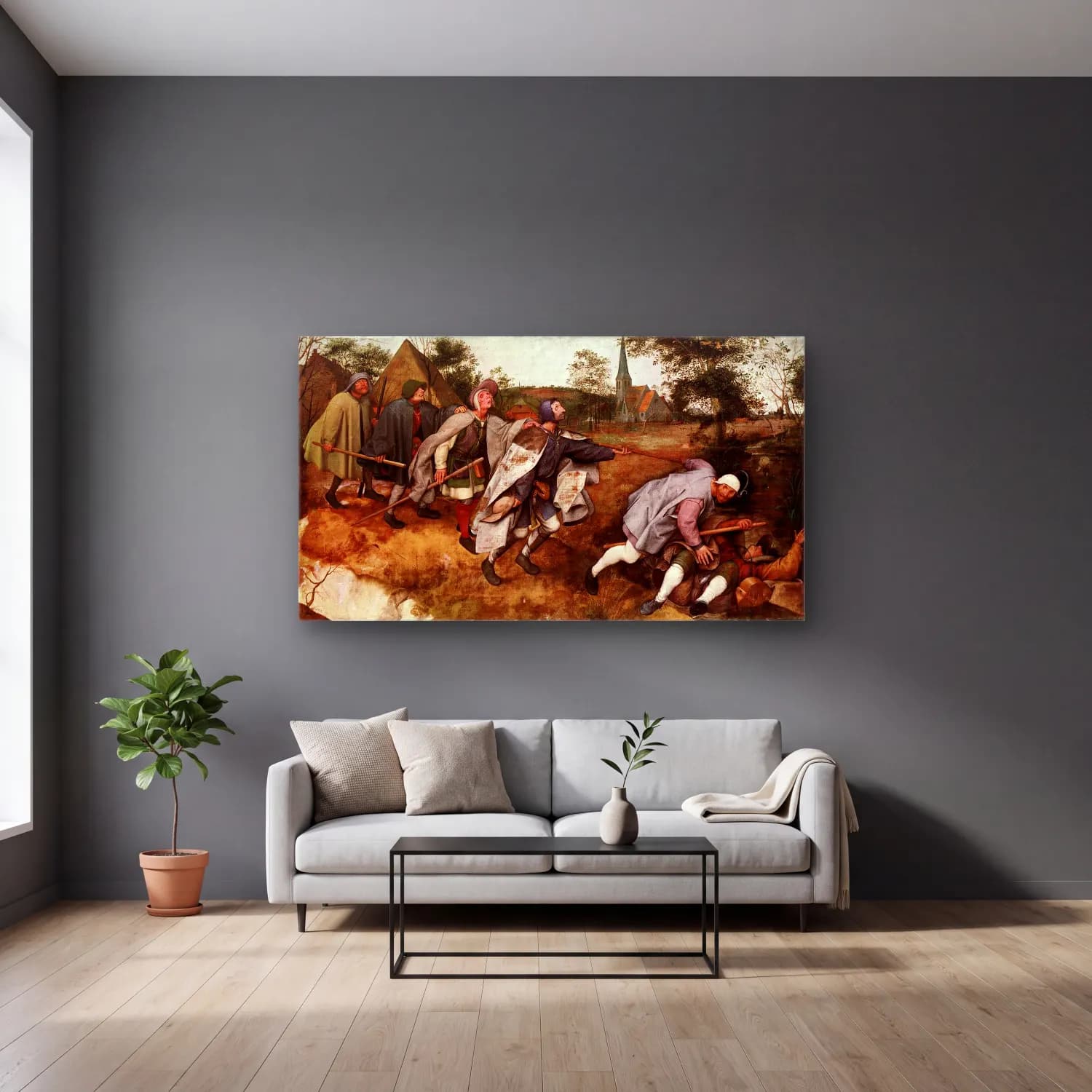 Pieter Bruegel – The Blind Leading the Blind cam tablo — gri duvarlı salonda