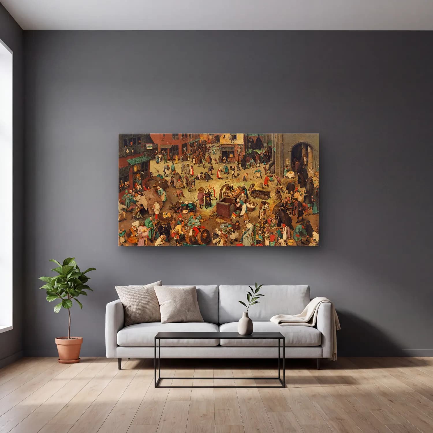 Pieter Bruegel – The Fight Between Carnival and Lent cam tablo — gri duvarlı salonda
