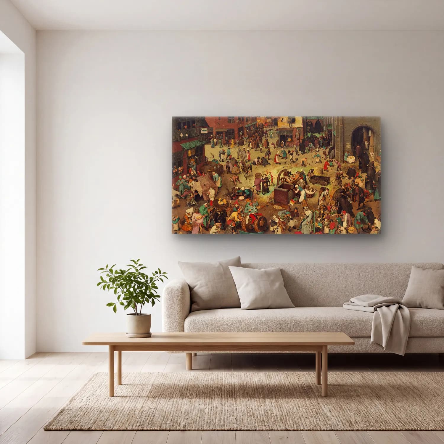 Pieter Bruegel – The Fight Between Carnival and Lent cam tablo — açık renk salonda