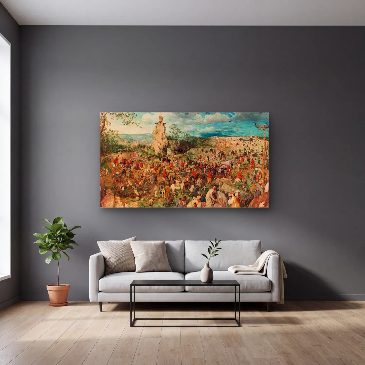 Pieter Bruegel – The Mill and the Cross cam tablo — gri duvarlı salonda