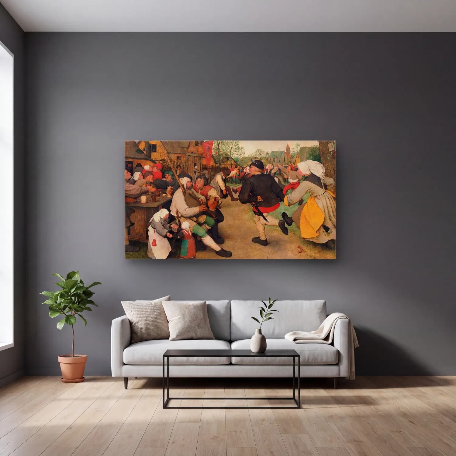 Pieter Bruegel – The Peasant Dance cam tablo — gri duvarlı salonda