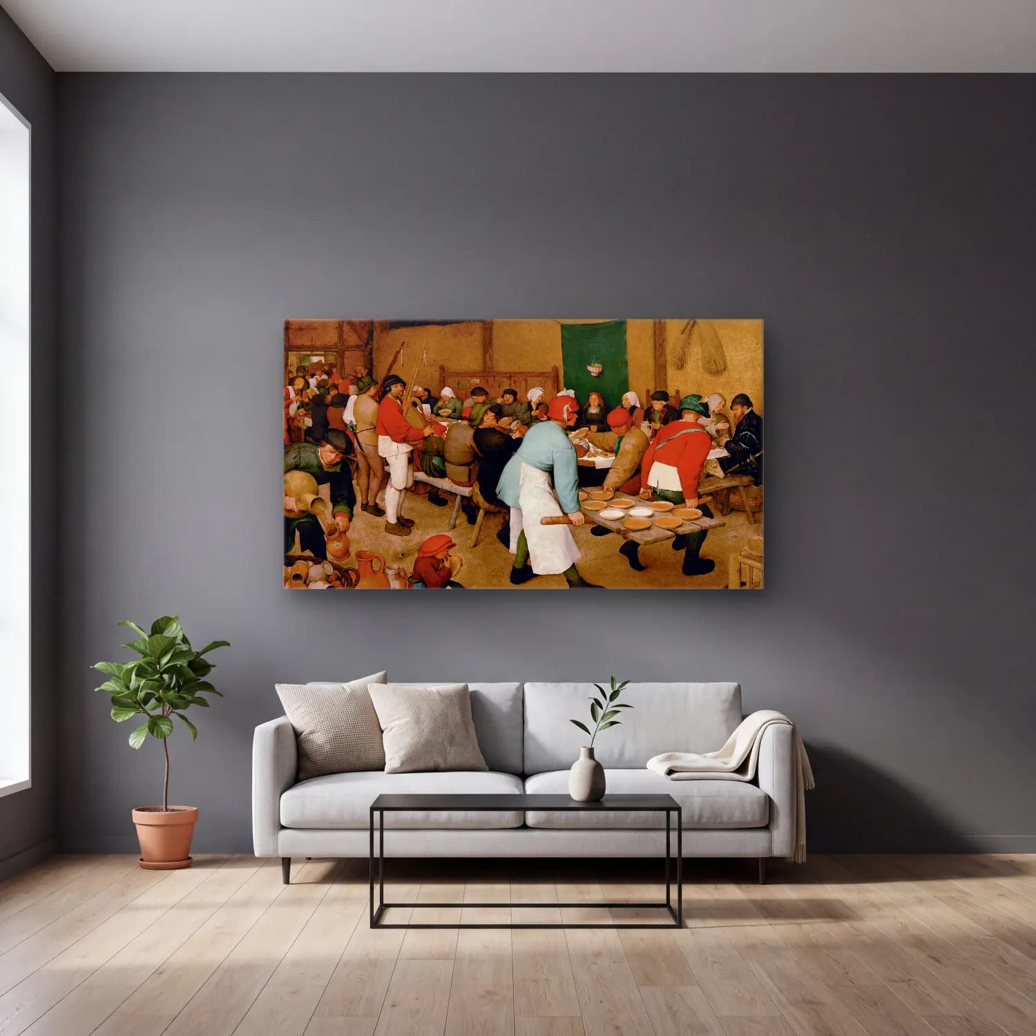 Pieter Bruegel – The Peasant Wedding cam tablo — gri duvarlı salonda
