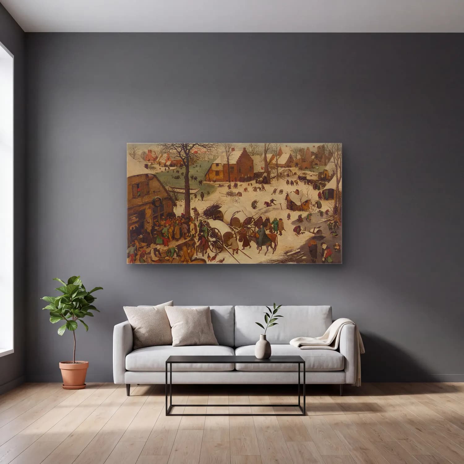Pieter Bruegel – The People s Census at Bethlehem cam tablo — gri duvarlı salonda