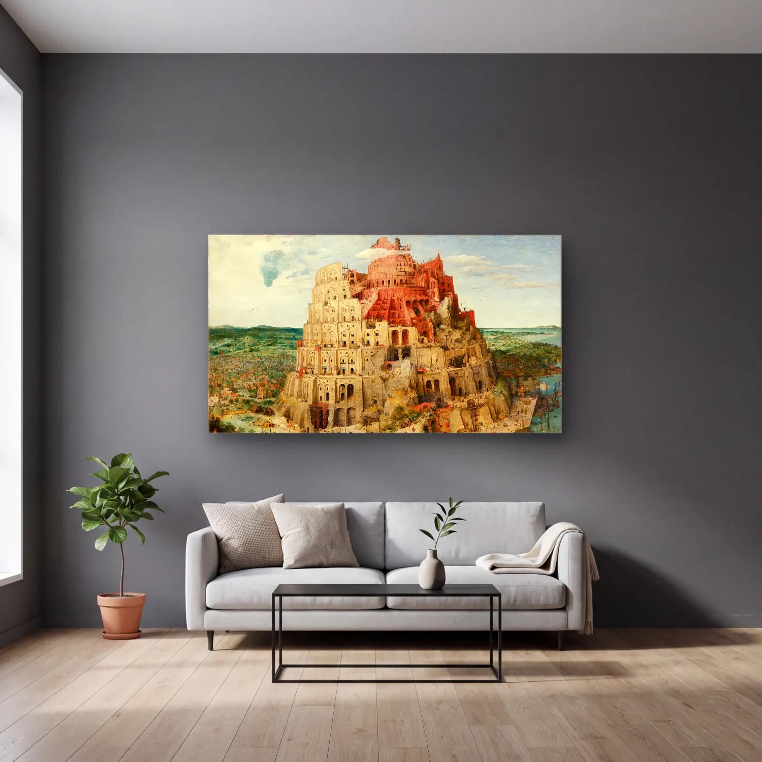 Pieter Bruegel – The Tower of Babel cam tablo — gri duvarlı salonda