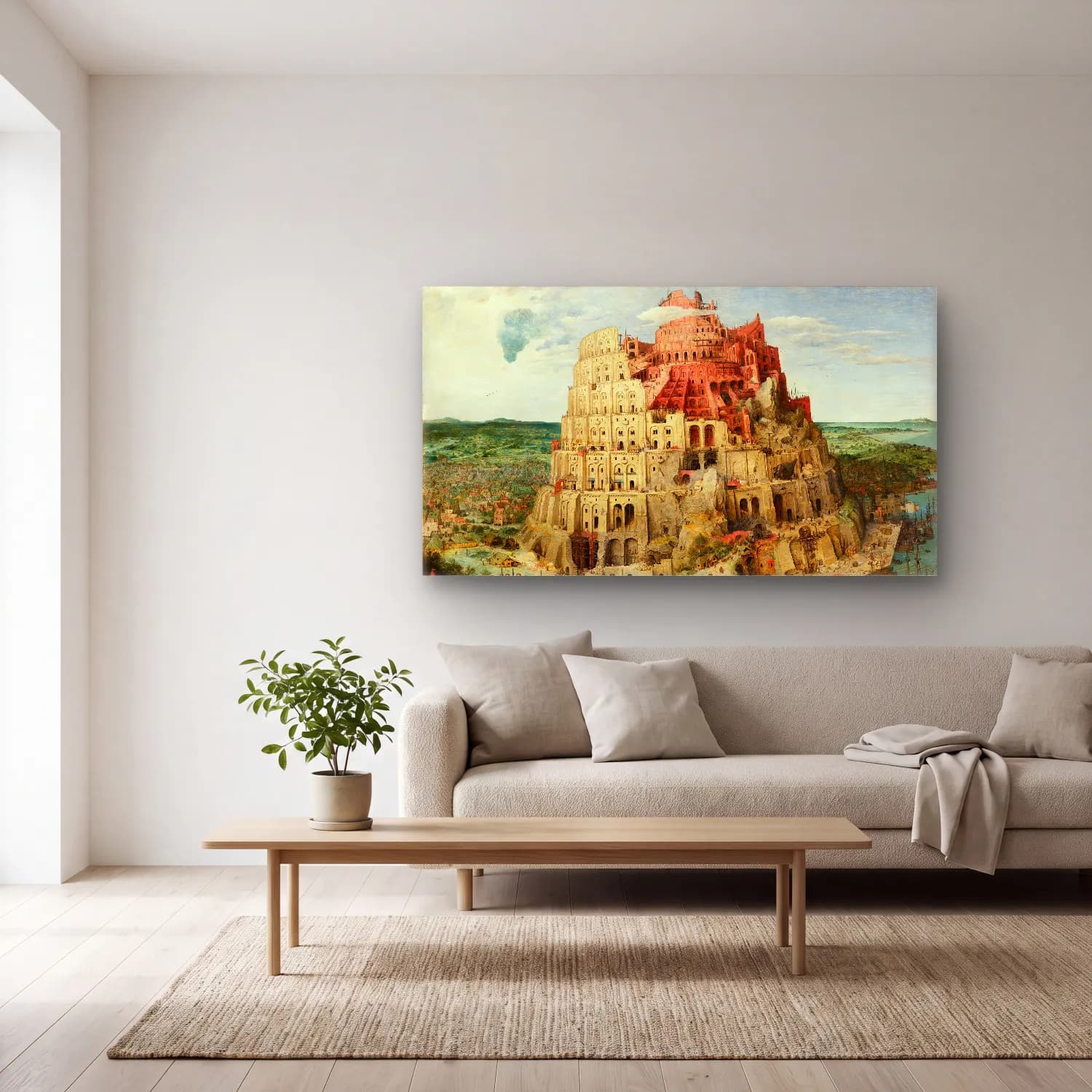 Pieter Bruegel – The Tower of Babel cam tablo — açık renk salonda