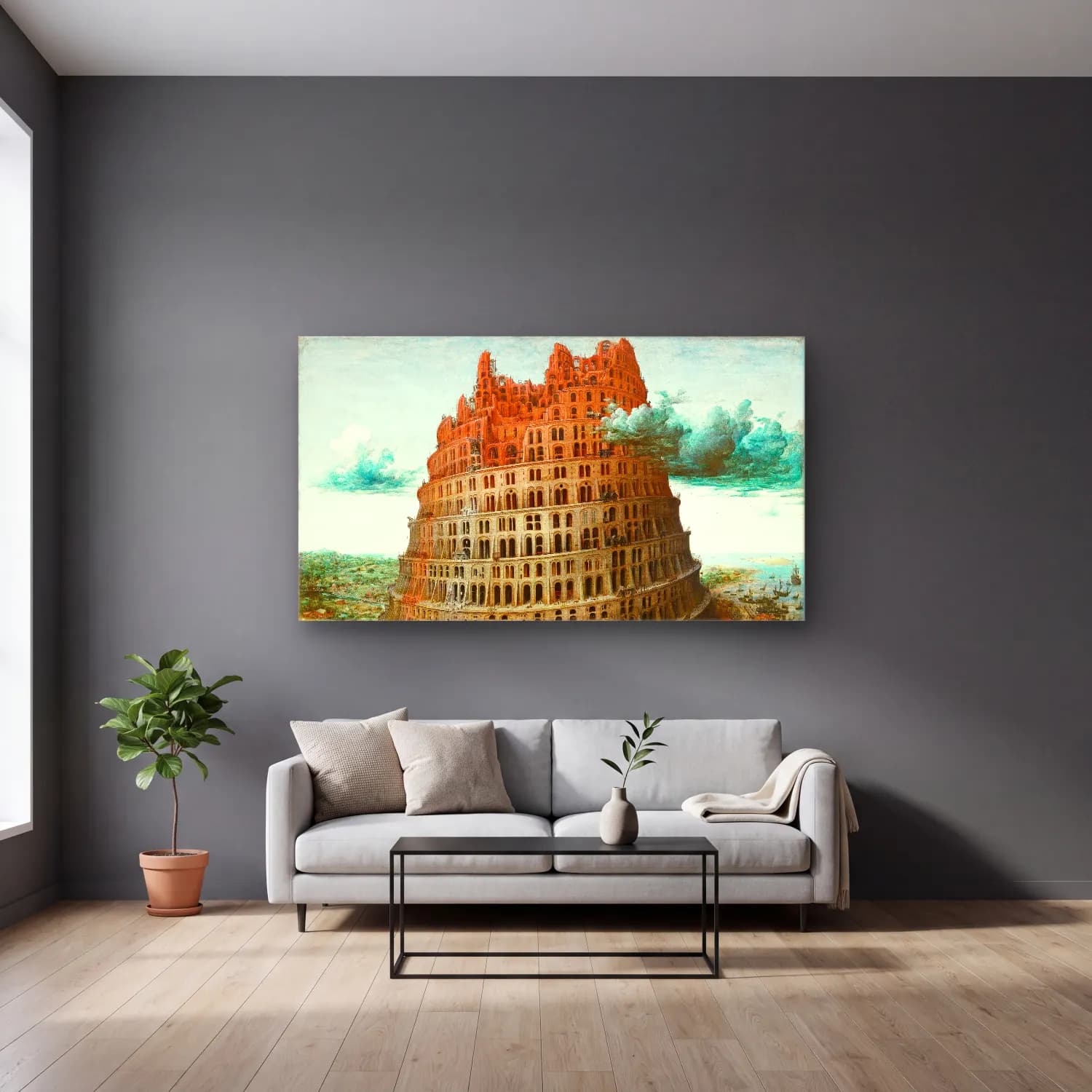 Pieter Bruegel – The Tower of Babel – Mavi Tonlar cam tablo — gri duvarlı salonda
