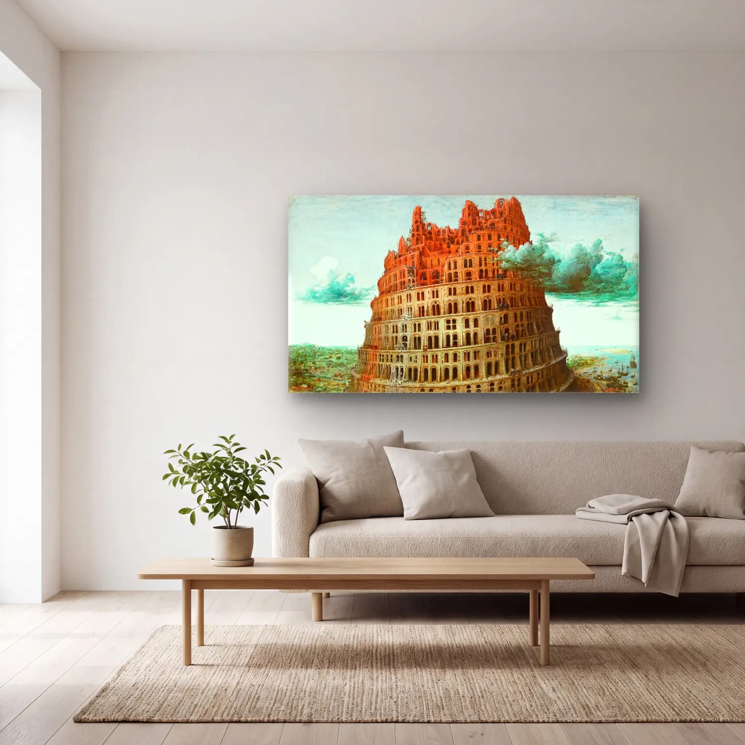 Pieter Bruegel – The Tower of Babel – Mavi Tonlar cam tablo — açık renk salonda