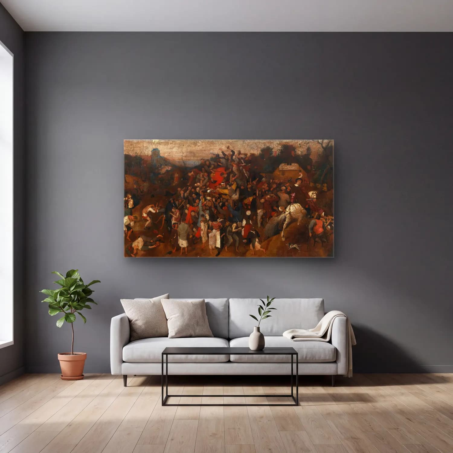 Pieter Bruegel – The Wine Of Saint Martins Day cam tablo — gri duvarlı salonda