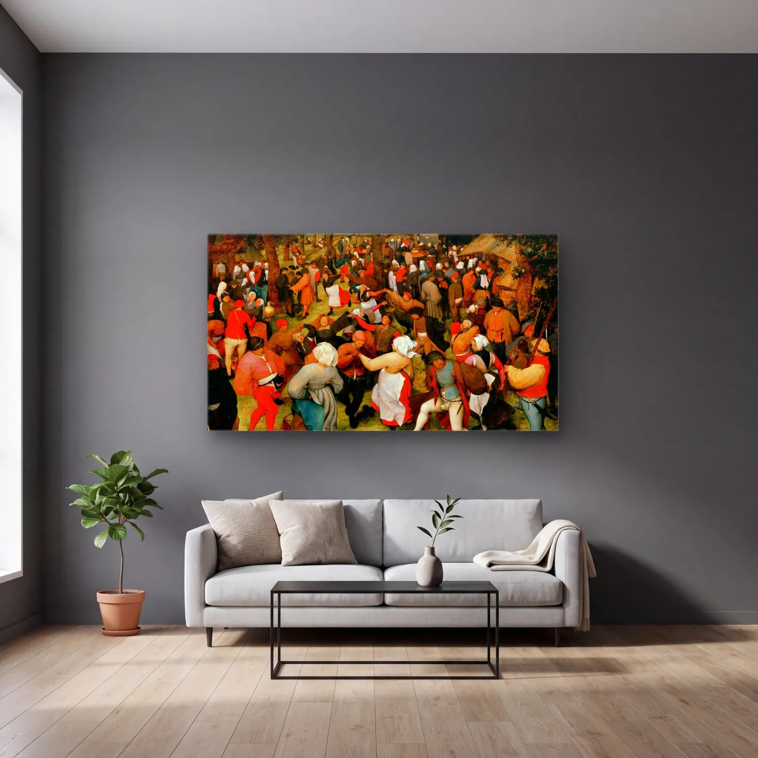 Pieter Bruegel – Wedding dance cam tablo — gri duvarlı salonda