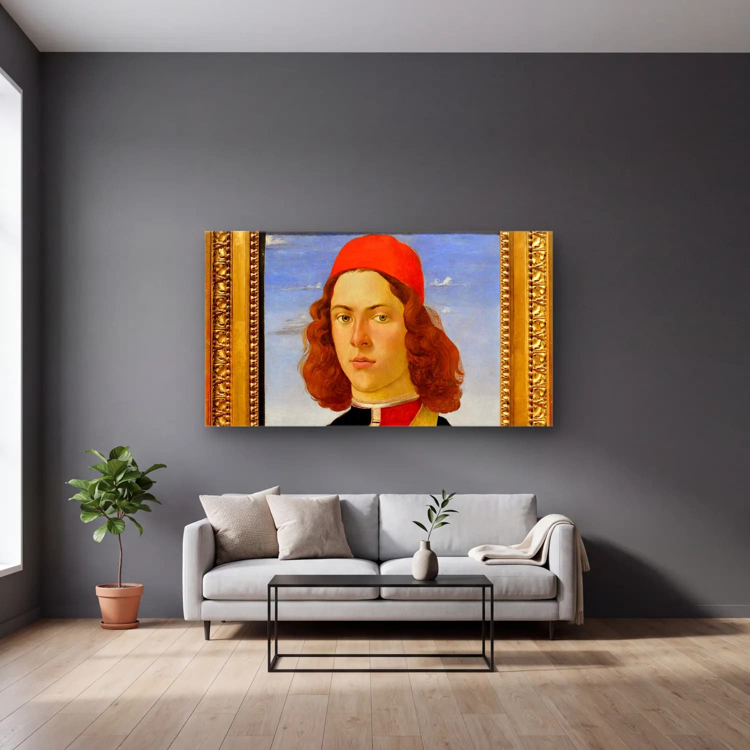 Sandro Botticelli – Portrait of young man cam tablo — gri duvarlı salonda