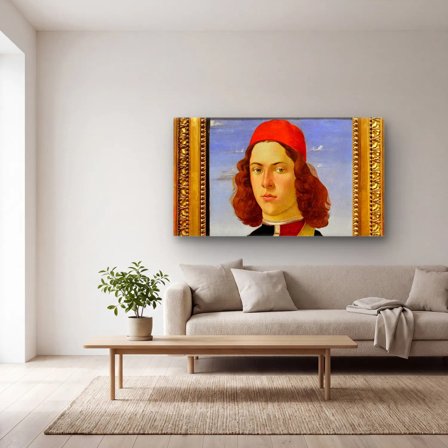 Sandro Botticelli – Portrait of young man cam tablo — açık renk salonda