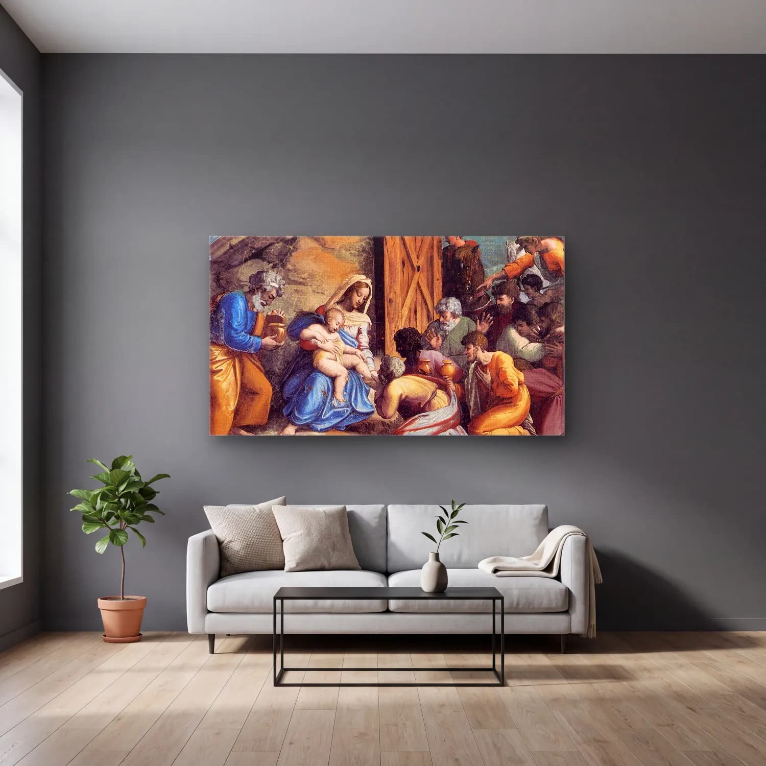 Raffaello Sanzio – Adoration of the Magi cam tablo — gri duvarlı salonda
