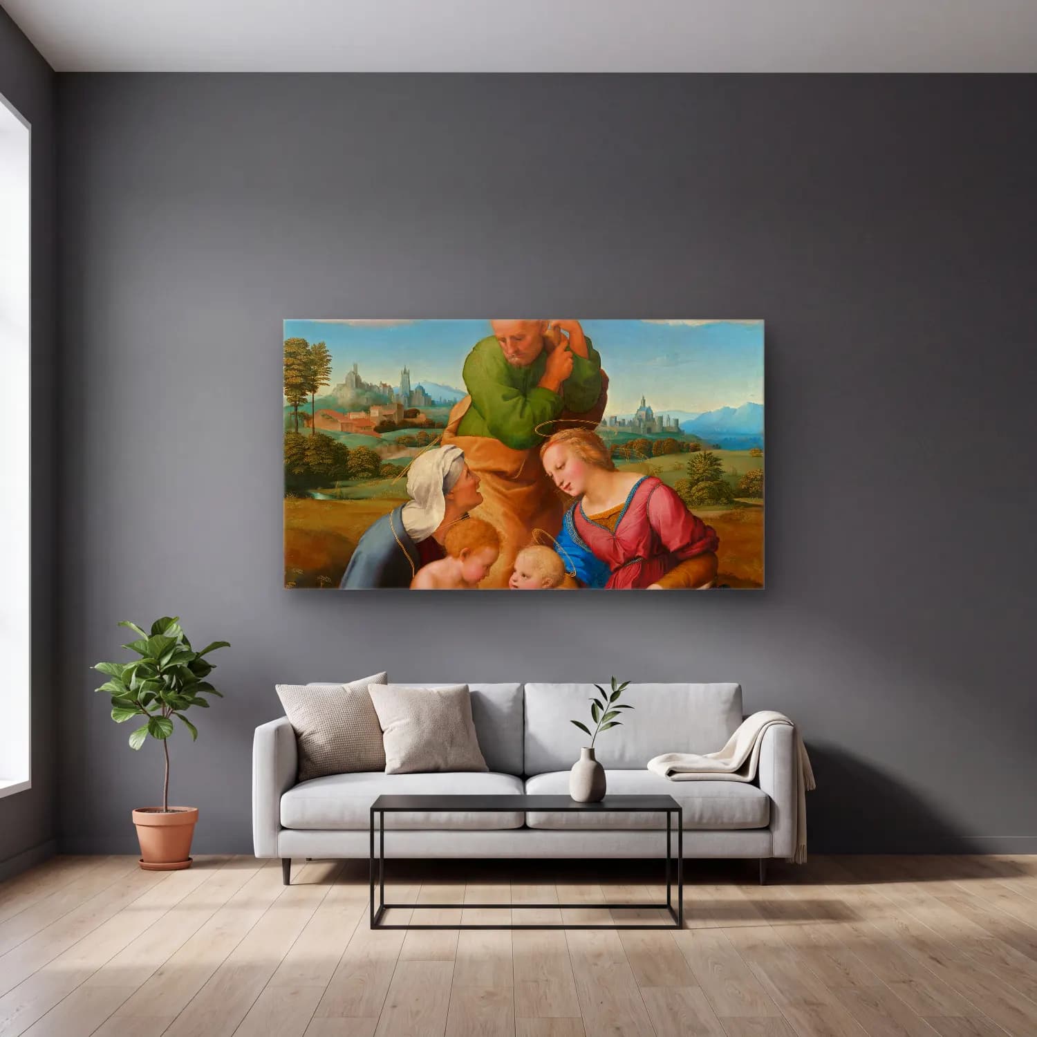 Raffaello Sanzio – Canigiani Holy Family cam tablo — gri duvarlı salonda