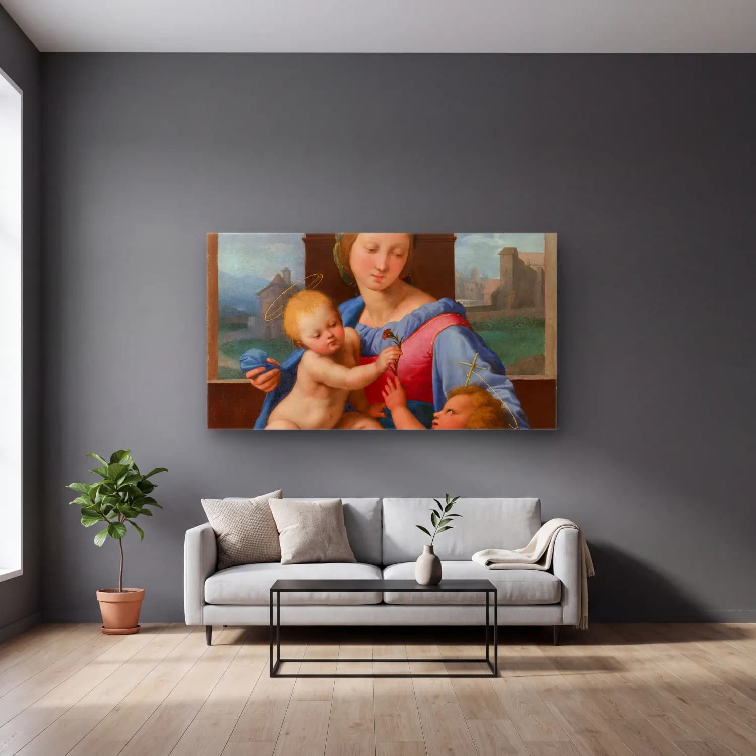 Raffaello Sanzio – Garvagh Madonna cam tablo — gri duvarlı salonda