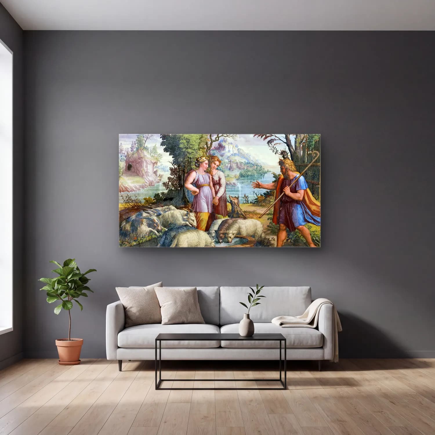 Raffaello Sanzio – Jacob s Encounter with Rachel cam tablo — gri duvarlı salonda