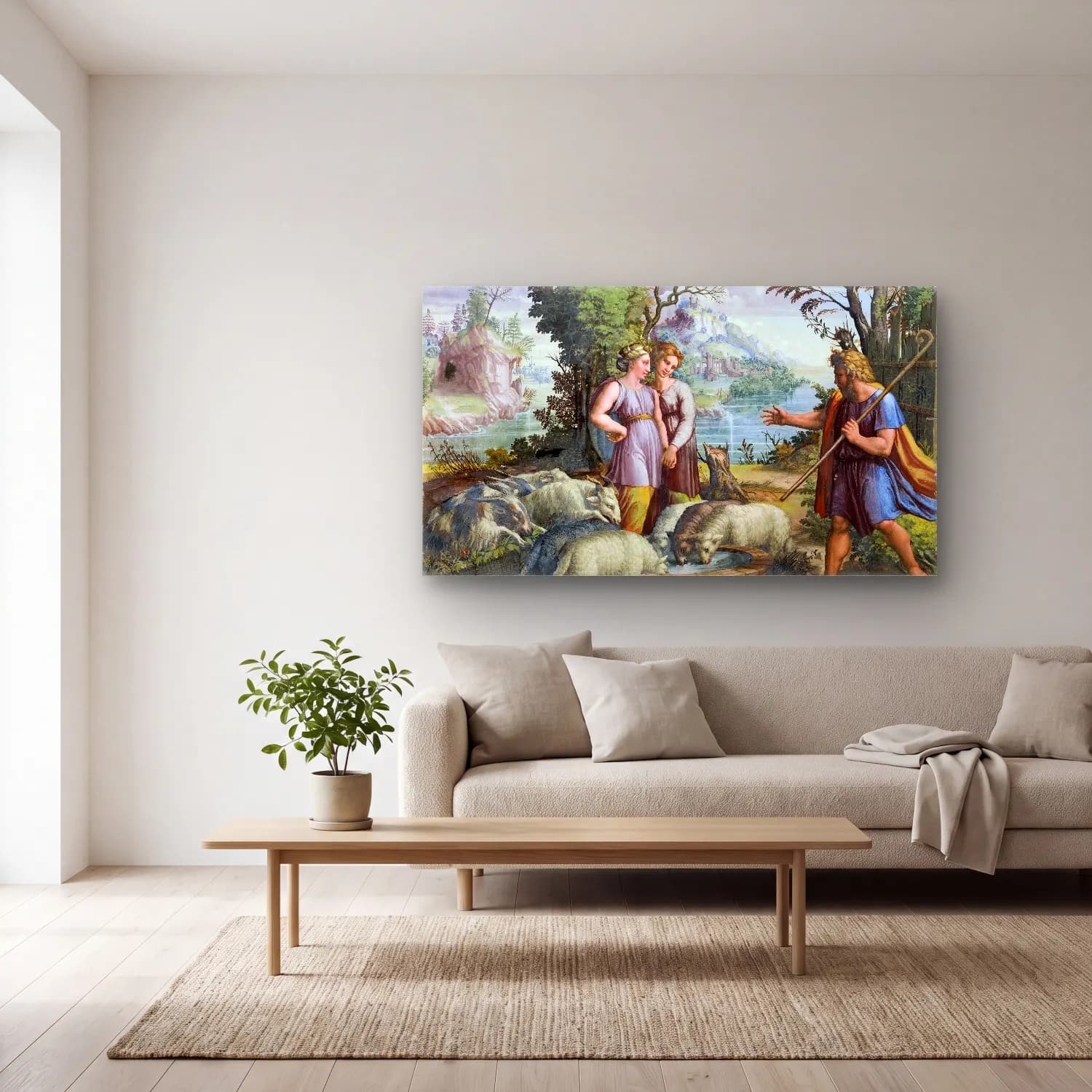 Raffaello Sanzio – Jacob s Encounter with Rachel cam tablo — açık renk salonda
