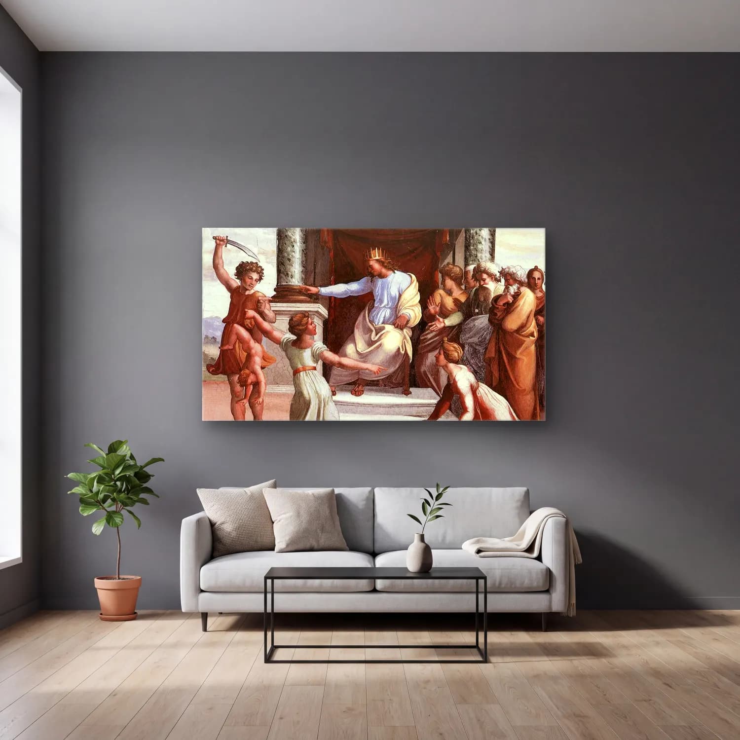 Raffaello Sanzio – Judgment of Solomon cam tablo — gri duvarlı salonda