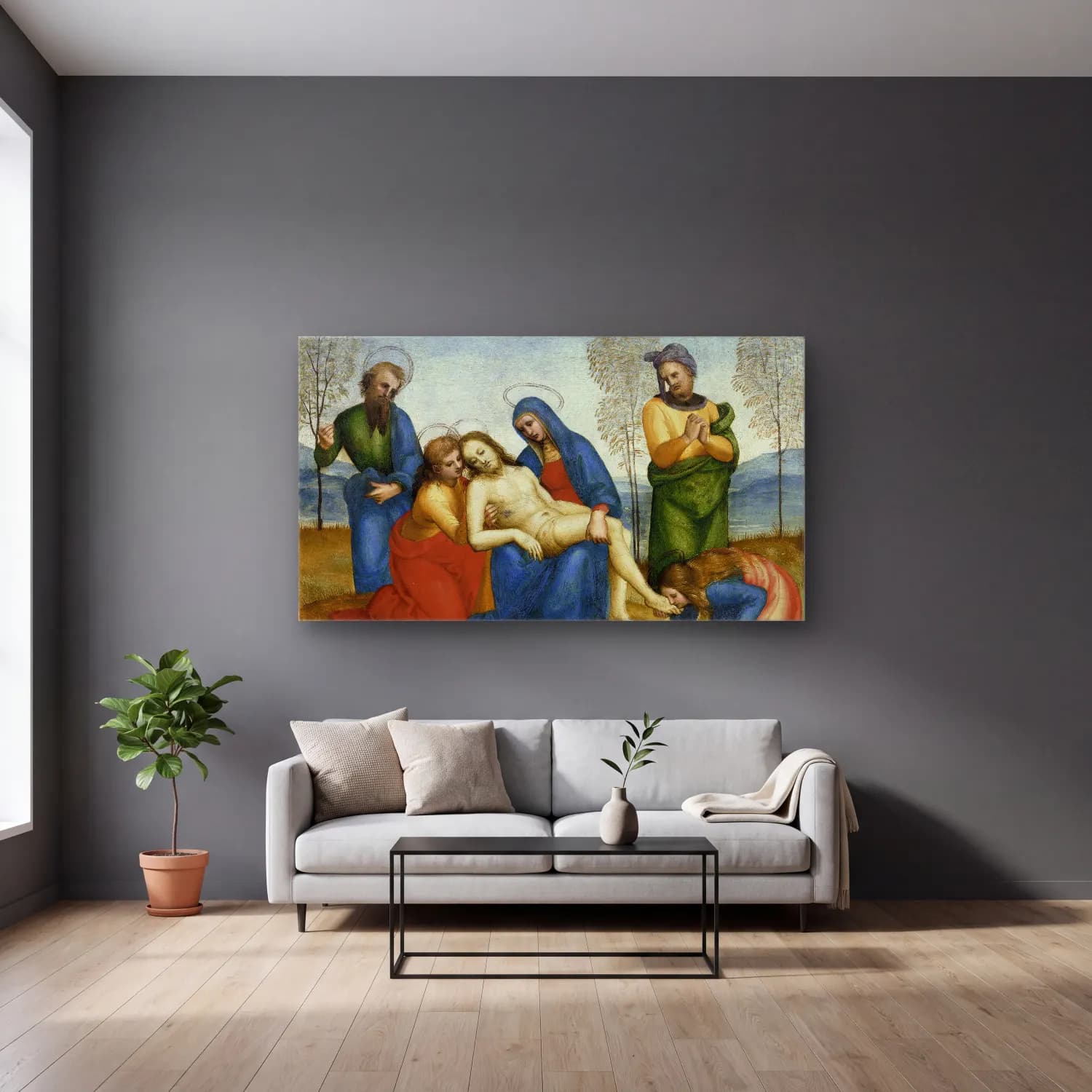 Raffaello Sanzio – Lamentation over the Dead Christ cam tablo — gri duvarlı salonda