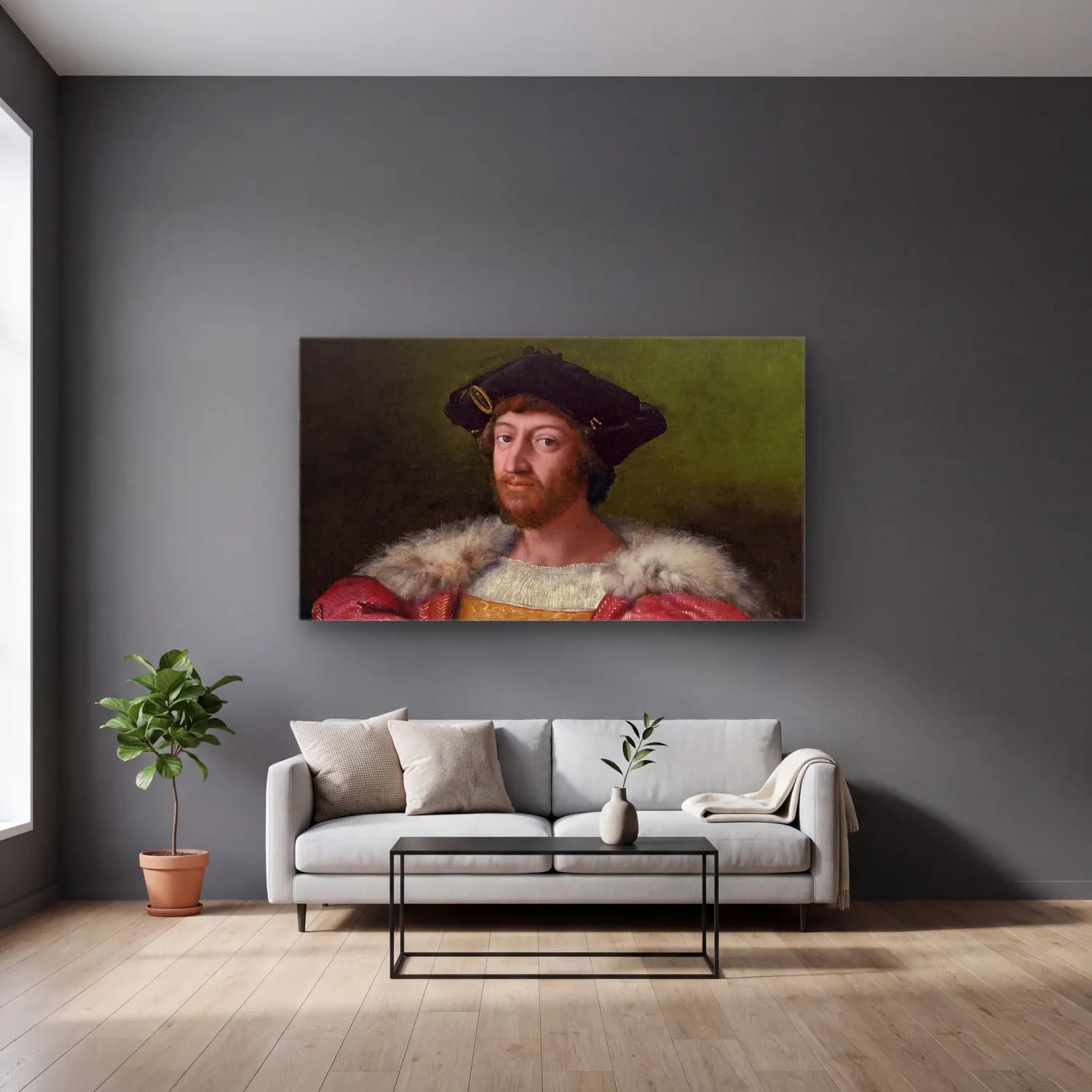 Raffaello Sanzio – Lorenzo de Medici, Duke of Urbino cam tablo — gri duvarlı salonda